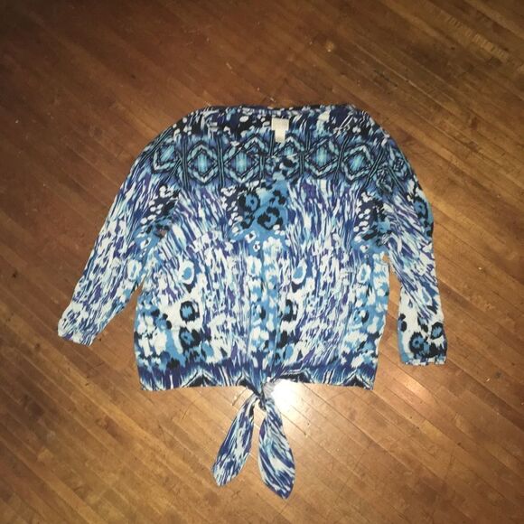 Chico’s 3 crop tie front watercolor blue knit blouse - Picture 1 of 3